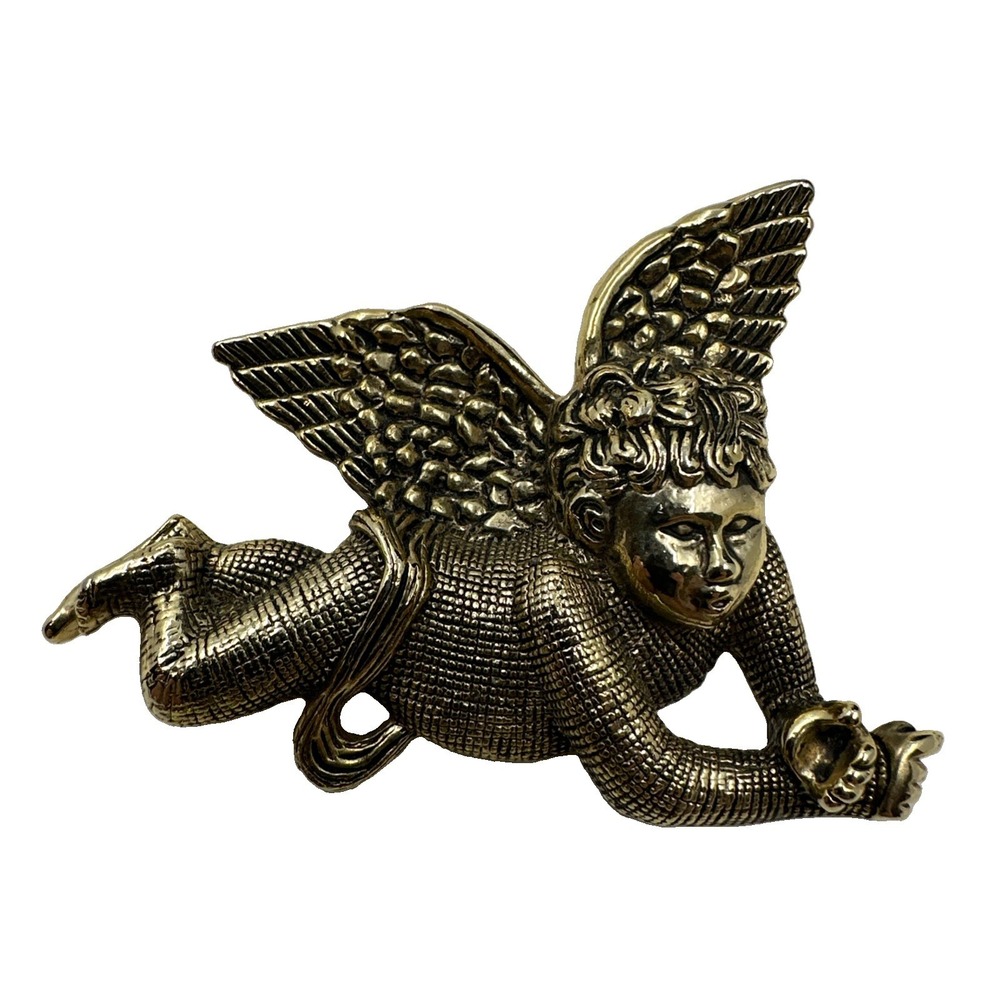 Vintage Large Flying Cherub Angel Pin Gold Tone Accented Wings